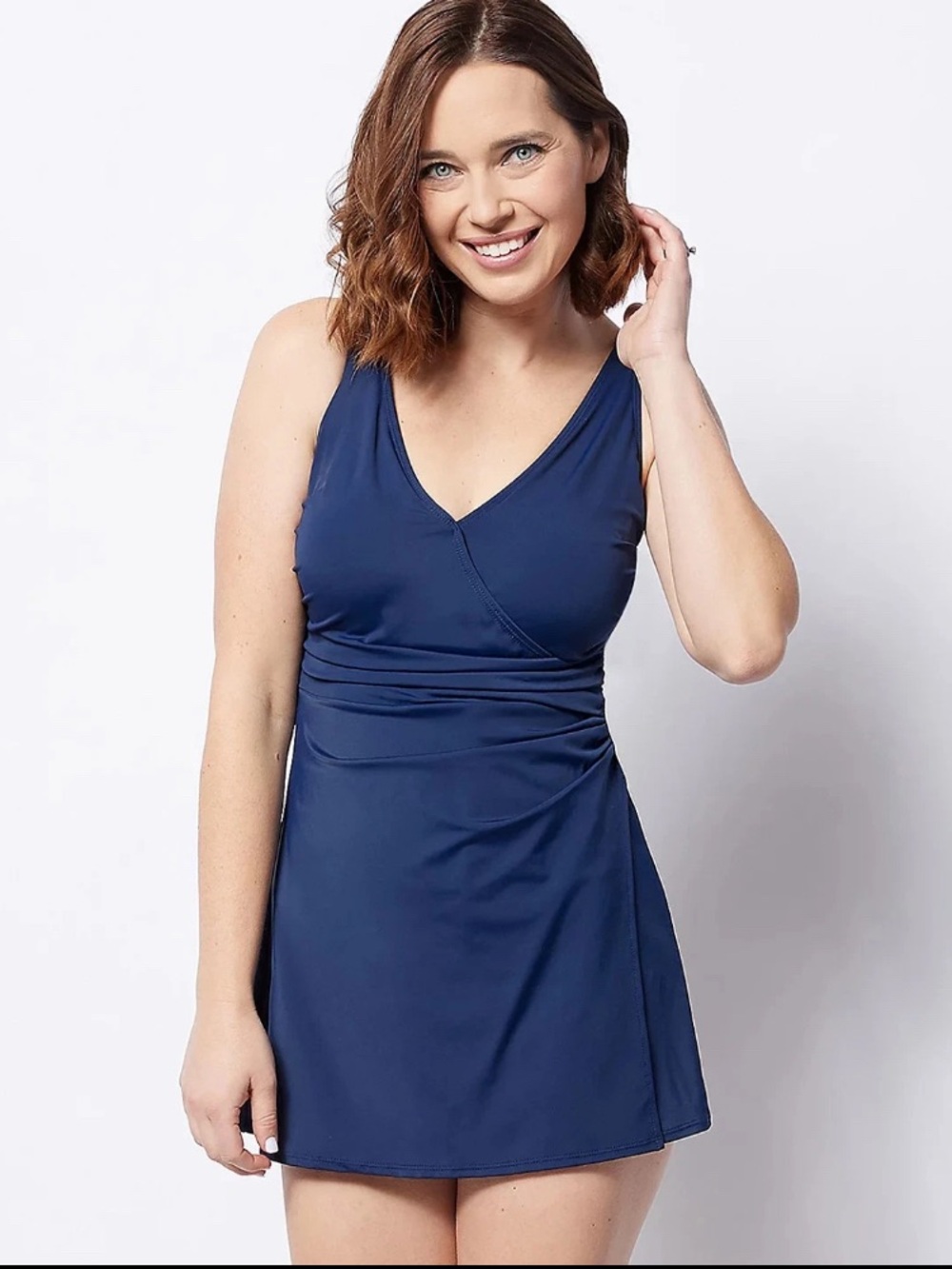 Denim & Co. Beach V-Neck Wrap Front Swim Dress Navy Reg 16